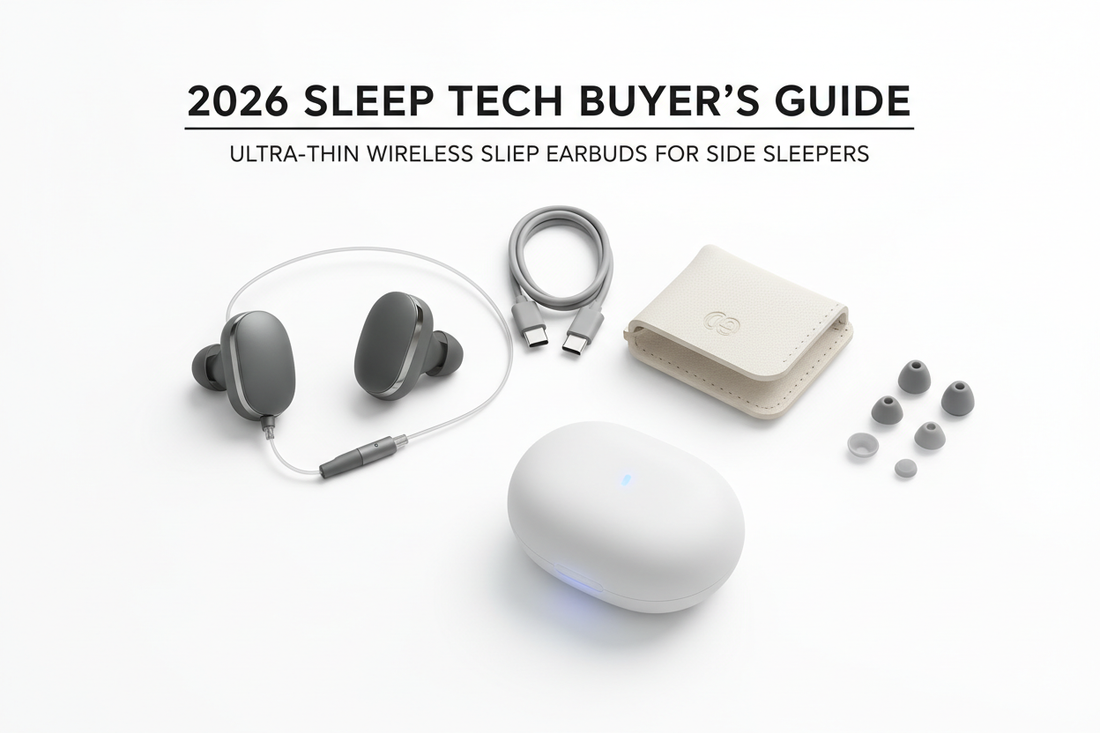 Ultra-thin wireless sleep earbuds product flat lay on white background, minimalist buying guide hero image for side sleepers