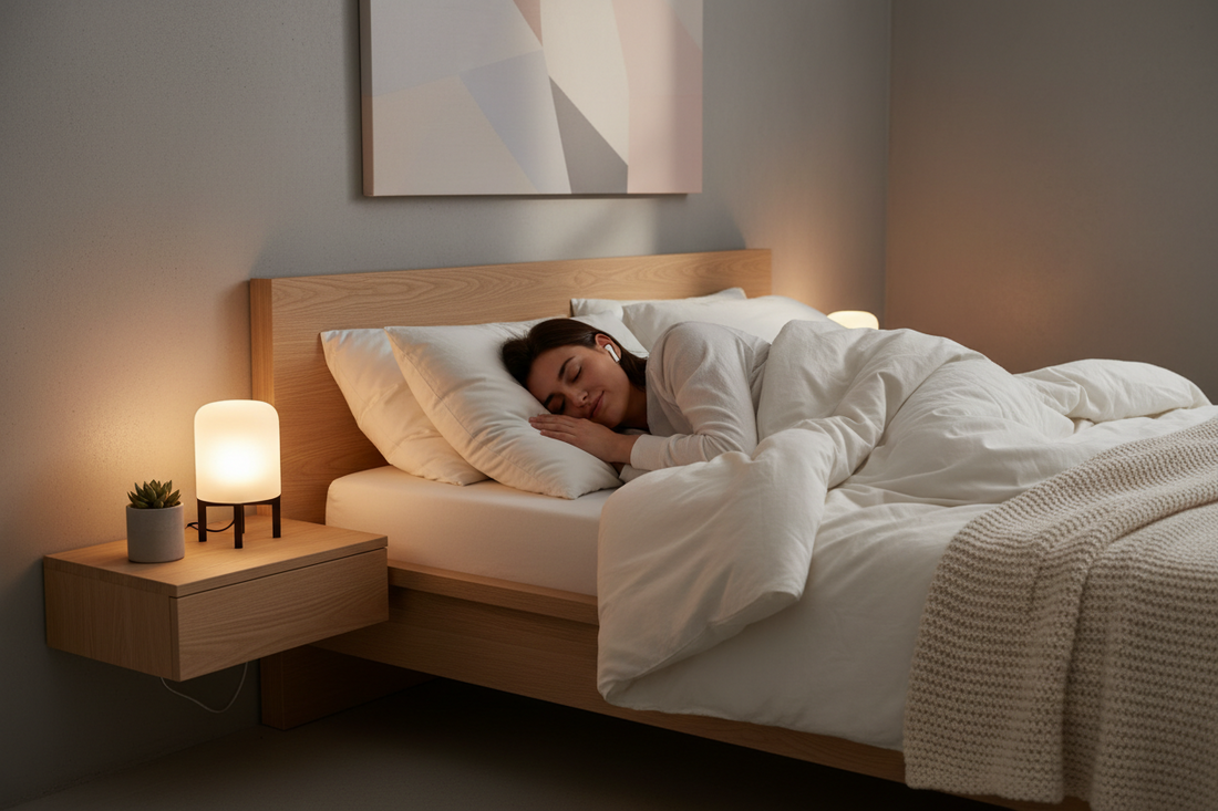 Person sleeping on their side experiencing ear discomfort from regular earbuds, illustrating why sleep-specific earbuds are needed