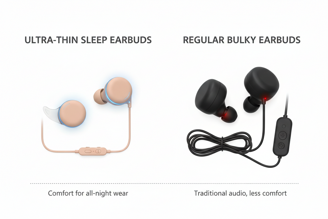 Side-by-side comparison of ultra-thin sleep earbuds and regular bulky earbuds on a clean white background, product photography