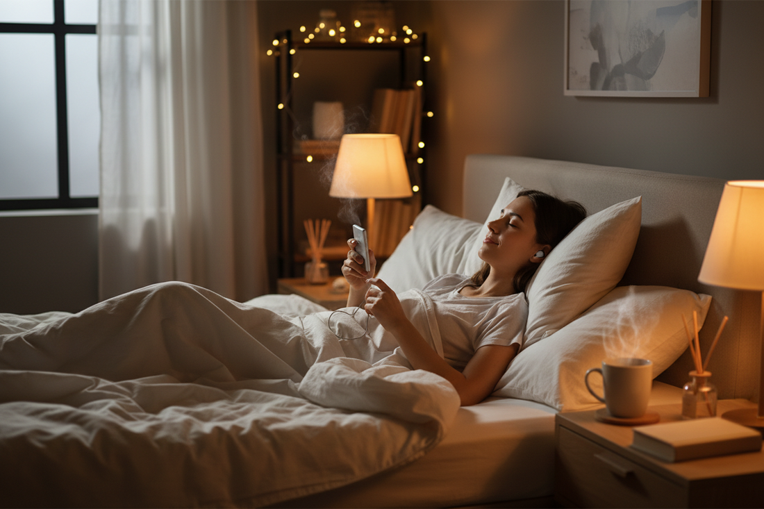 Wireless sleep earbuds with charging cable on a minimalist nightstand, showcasing long battery life and rechargeable design