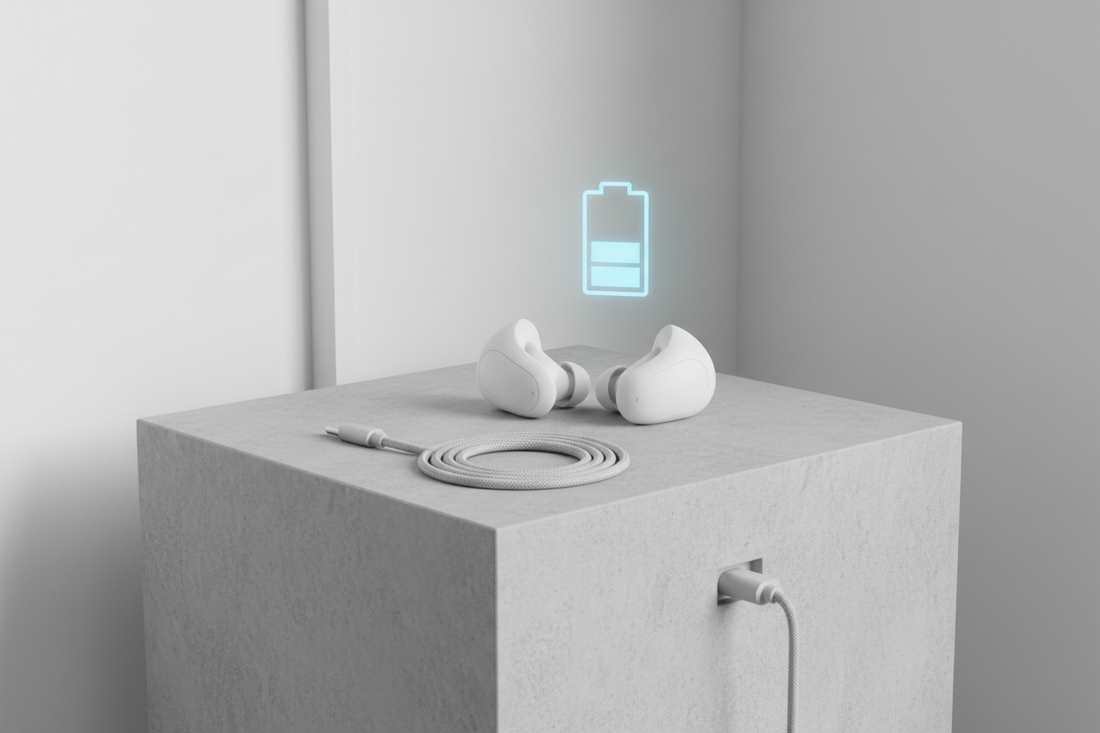 Person relaxing in bed at night listening to music with wireless sleep earbuds, soft warm bedroom lighting