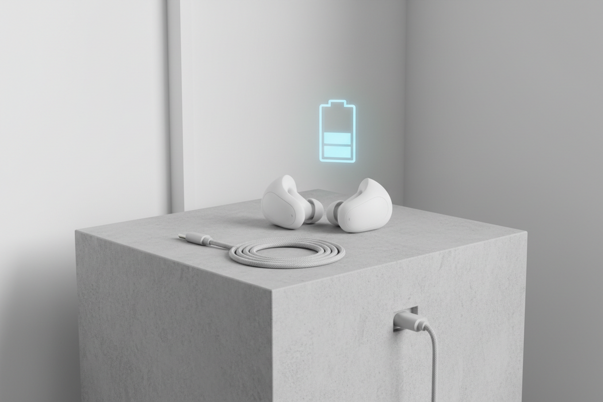 Person relaxing in bed at night listening to music with wireless sleep earbuds, soft warm bedroom lighting